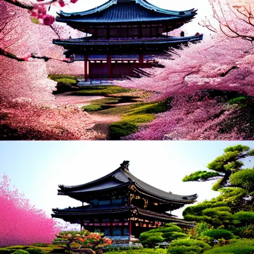 Image similar to A beautiful digital fantasy painting of a giant Japanese temple at the top of a hill in the mountains, surrounded by cherry blossom trees and bamboo, by Greg Rutkowsky and James Gurney, trending on Artstation