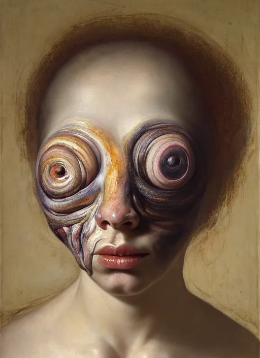 Image similar to strange, looming head, biomorphic painting of a woman with large eyes, pastel colours by, rachel ruysch, jenny saville and charlie immer, highly detailed, emotionally evoking, head in focus, volumetric lighting, oil painting, timeless disturbing masterpiece