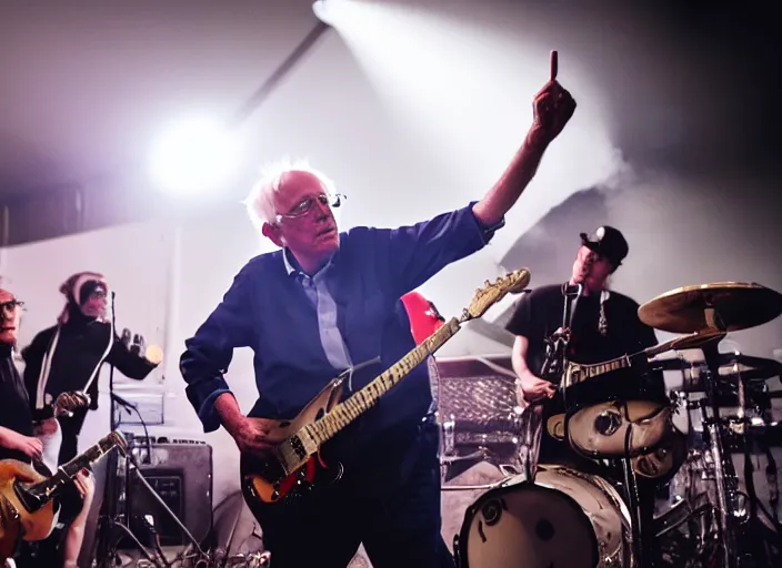 Image similar to publicity photo still of bernie sanders in a punk band playing live on stage, 8 k, live concert lighting, mid shot