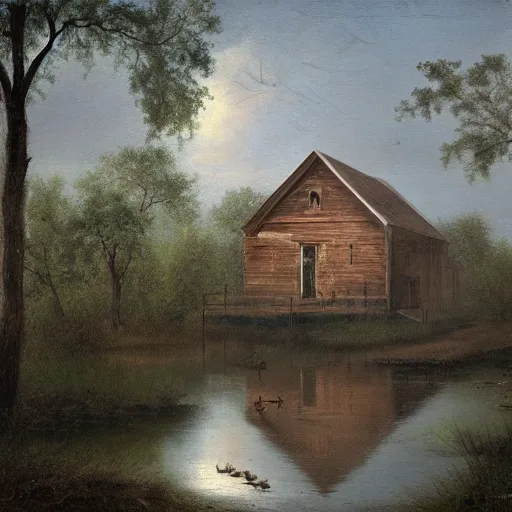 Image similar to 1 9 e century southern gothic scene, old white wooden church in bayou swamps, in louisiana, old painting style lagerstedt, mikko