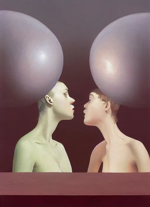 Image similar to two women spherical heads kissing wearing translucent dress made of plastic bags Edward Hopper and James Gilleard, Zdzislaw Beksinski, highly detailed