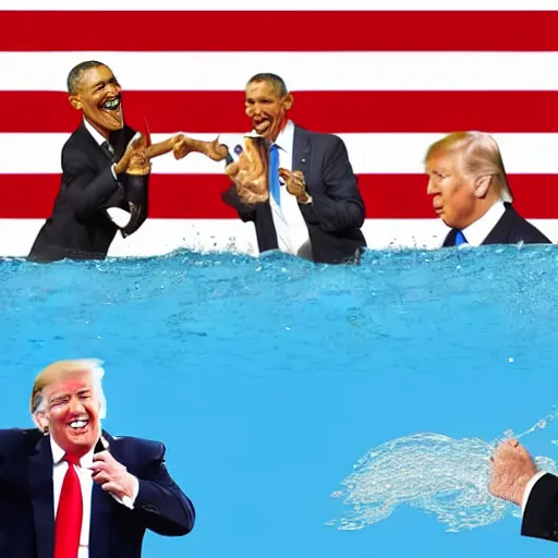 Prompt: putin, trump, obama and bush are having a water fight while smiling and having a great time