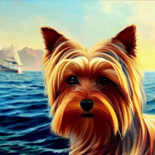 Image similar to ultra realistic portrait painting of a yorkshire terrier on a yacht, art by frank frazetta, 4 k, ultra realistic, highly detailed, epic lighting