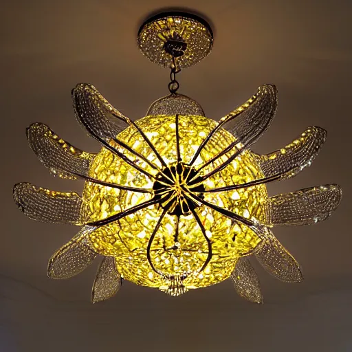 Image similar to chandelier in the shape of a sun with yellow accents designed by tiffany, advertising photography, luxury home design