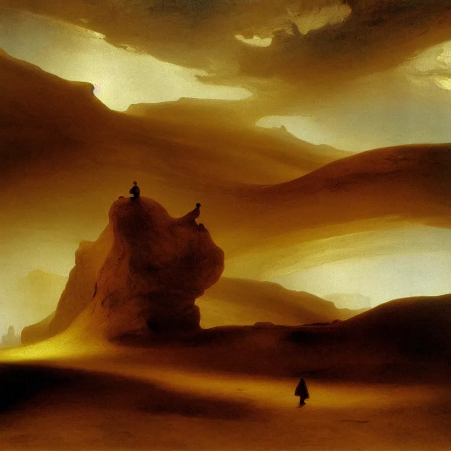 Prompt: artwork about the loneliness of being the last human on earth, walking in the desert dunes, painted by thomas moran and albert bierstadt. monochrome color scheme.