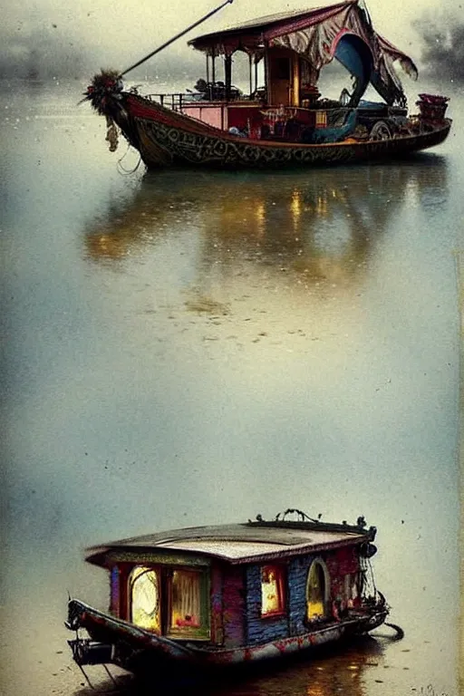 Prompt: (((((1950s fairy tale gypsy house boat floating on a river . muted colors.))))) by Jean-Baptiste Monge !!!!!!!!!!!!!!!!!!!!!!!!!!!