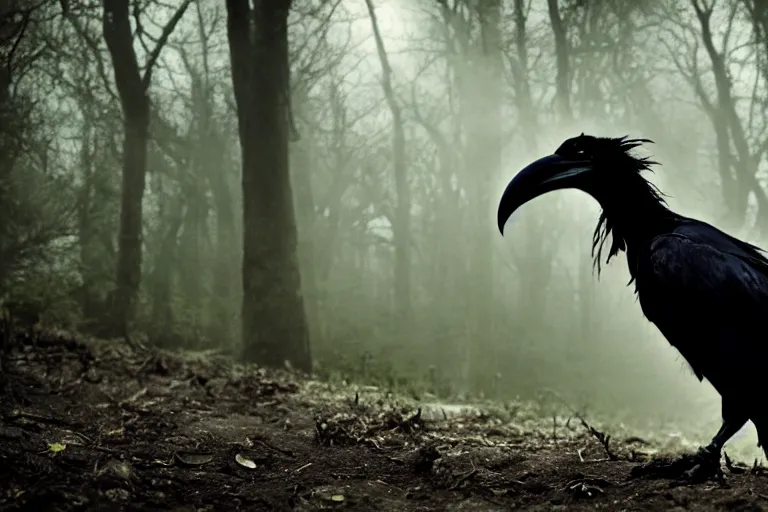 Image similar to werecreature consisting of a crow and a human, photograph captured in a dark forest