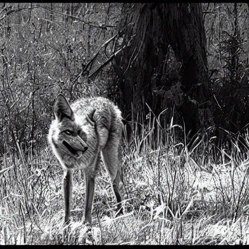 Image similar to black and white trailcam footage of native weird distorted human body Skinwalker transforming into a coyote