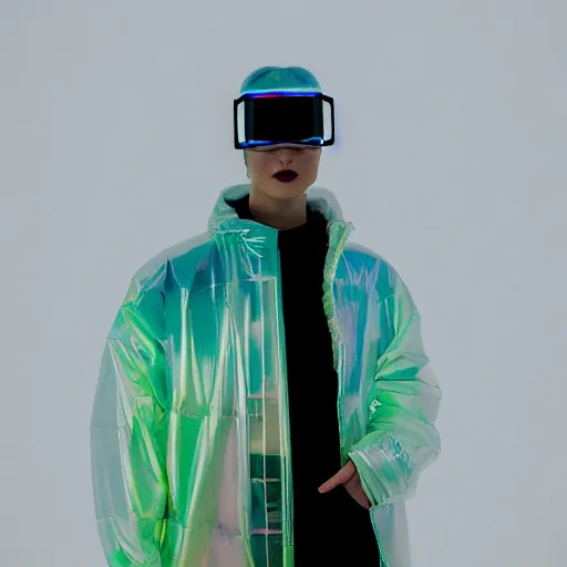 Prompt: an ultra high definition professional studio quality photograph of an artificially intelligent cyberpunk art influencer wearing a transparent iridescent pastel coloured face visor and matching bubbly puffy raincoat on white coat hook in a sheer icelandic black rock environment. dramatic lighting. volumetric shadows. light rays