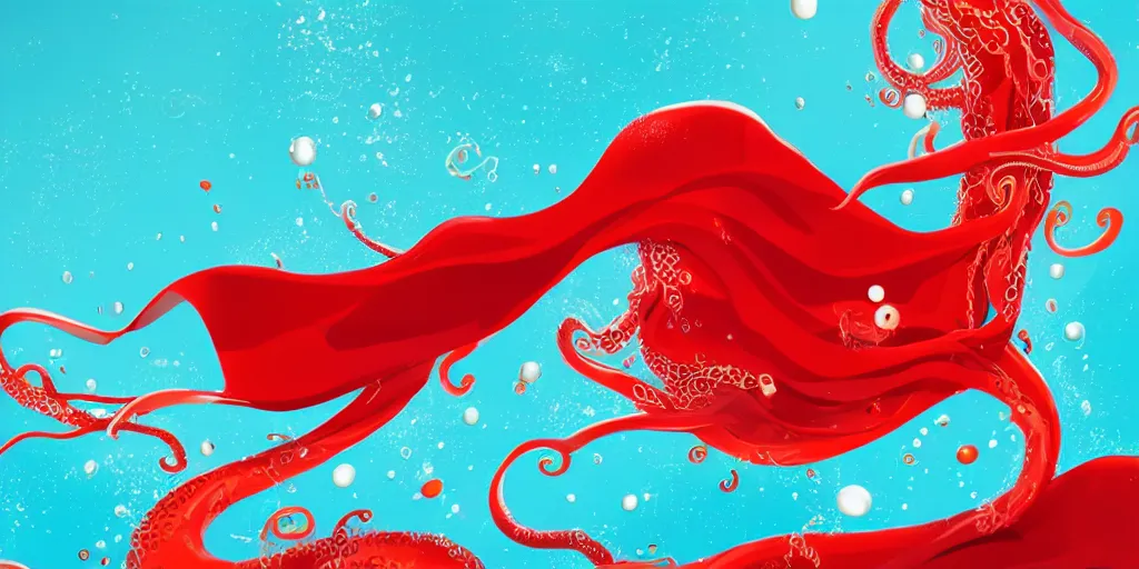 Image similar to a 2 meter woman white skin red dress standing in the middle of the image, gradient background, behance illustration, vector drawing, art by gibli studios, anime, tentacles wallpaper, sun, water splashed, high detailed, sharp focus, blue