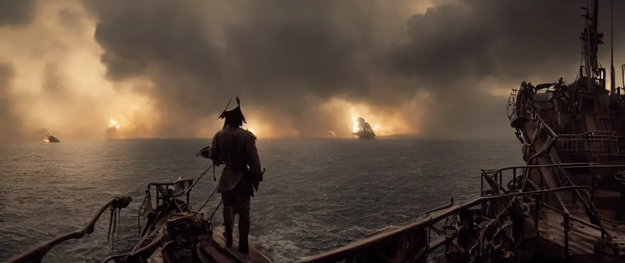 Image similar to a pirate standing on his ship watching big explosions on the sea, beautiful dramatic moody lighting, cinematic atmosphere, high detail, 8k, ornate, dark fantasy, masterpiece, complex, film still from the movie directed by Denis Villeneuve with art direction by Gregory Crewdson, Joel Sternfeld