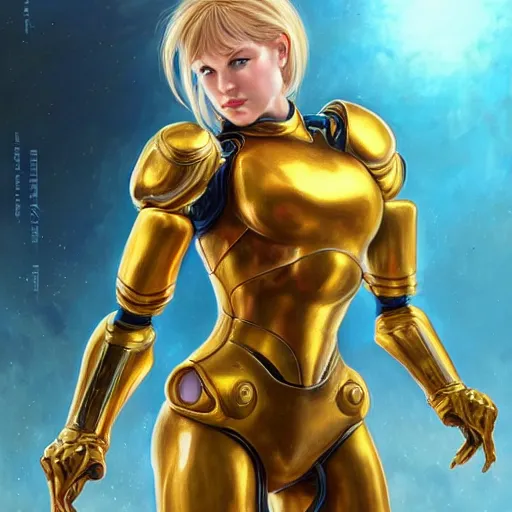 Image similar to Samus Aran from Metroid with golden armor drawn by Donato Giancola and Tom Bagshaw, face by Artgerm, overall design by Alphonse Mucha, background by James Jean and Gustav Klimt, light by Julie Bell, 4k, porcelain skin, komorebi, french nouveau, trending on artstation, octane render, hyperrealistic