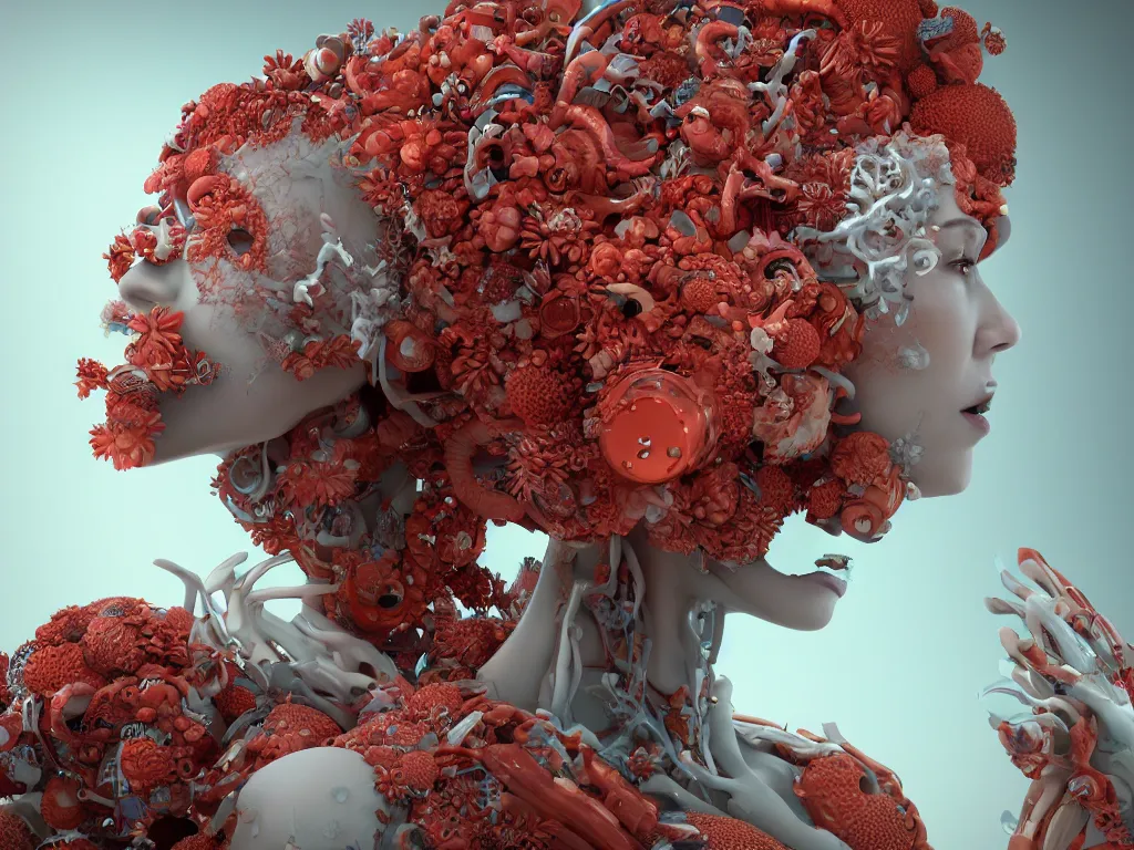 Prompt: complex 3 d render, hyper detailed, ultrasharp, beautiful cuber queen portrait with a porcelain profile face, natural soft rim light, headdress made of corals, daisies, colorful vapor, jellyfish, expensive red fabric, cyberpunk metallic brackets, ferra white mecha, by alexander mcqueen, octane highly render, 4 k, ultra hd