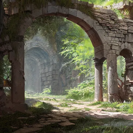 Image similar to concept art painting of an ornate ancient stone archway, in the woods, realistic, detailed, cel shaded, in the style of makoto shinkai and greg rutkowski and james gurney