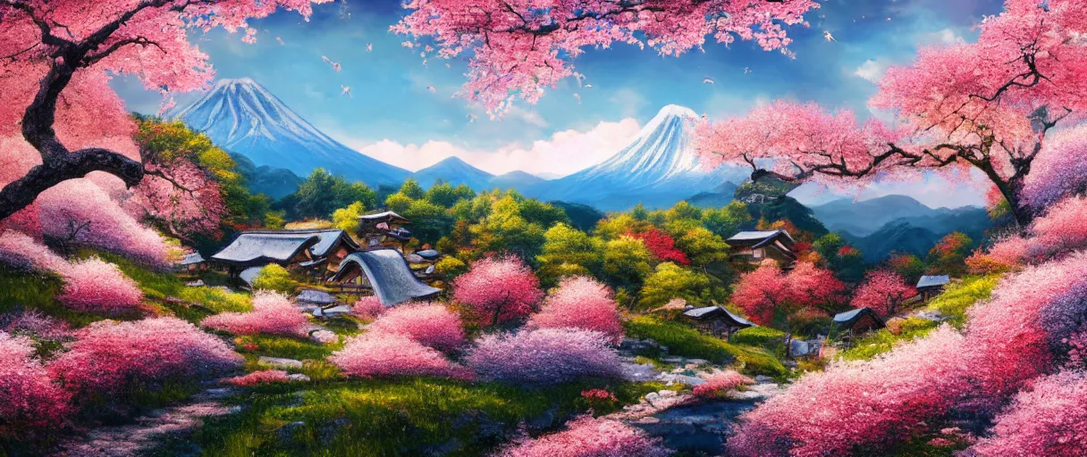 Image similar to a highly detailed, 4 k, alpine landscape with a cottage, dense sakura trees, fall, rural japan, new pixiv artist,