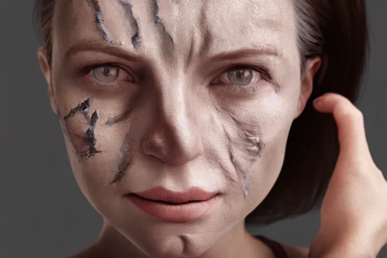 Image similar to a realistic portrait of a woman with scars on the face, volumetric lighting