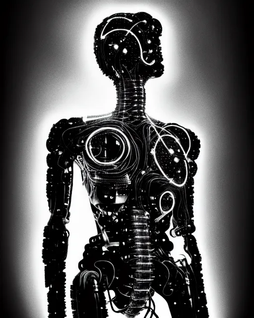 Prompt: black and white young cyborg - plant goddess high quality photo, microchip, artificial intelligence, bio - mechanical bio - luminescence, black wired cables, cinematic, rim light, photo - realistic, 8 k, in the style of steven meisel and dora maar and h. g. giger