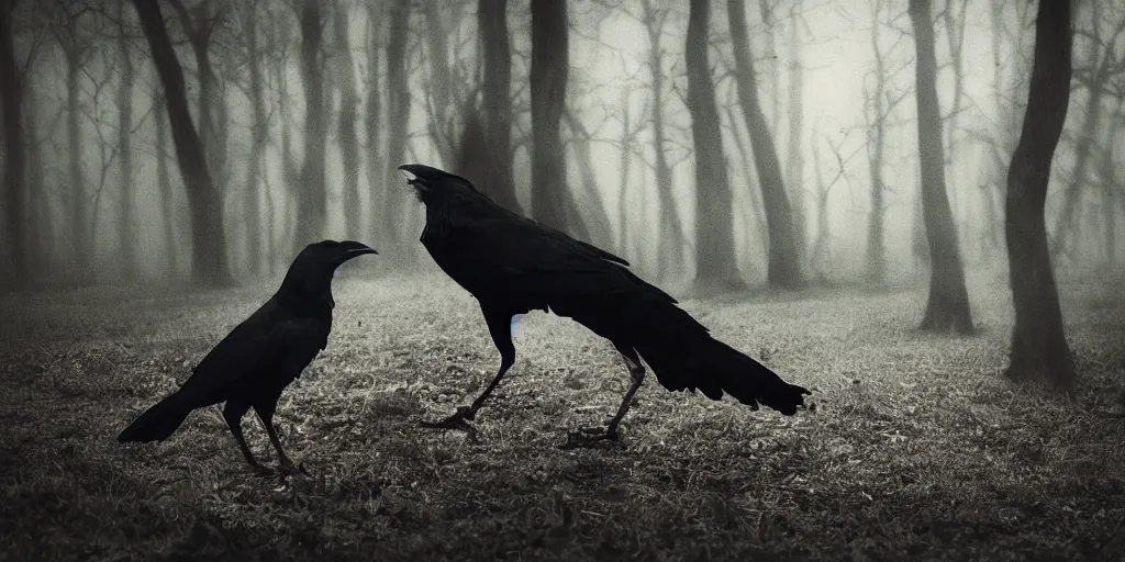 Image similar to mixture between an!! crow and! wolf, photograph captured in a dark forest