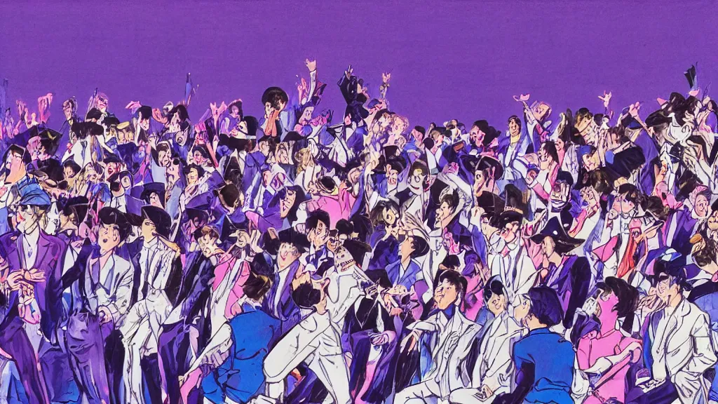 Prompt: detailed illustration of the front row of a concert seen from the front composed of fashionably dressed people dancing, dark blue and intense purple color palette, in the style of yoshiyuki tomino
