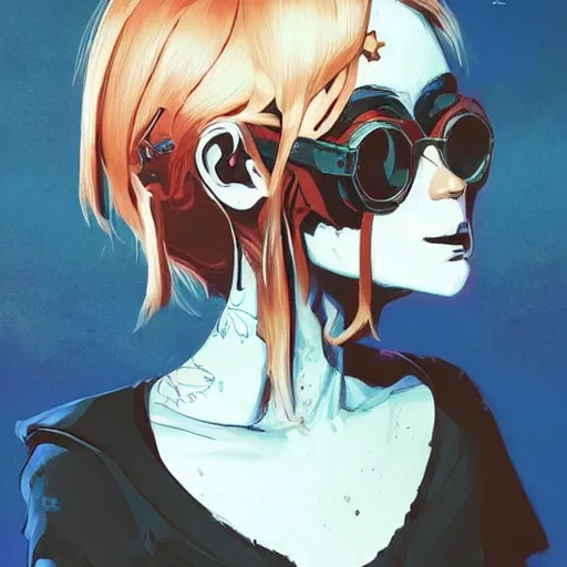 Image similar to Highly detailed portrait of a punk zombie young lady with freckles and shades and blonde wavy hair by Atey Ghailan, by Loish, by Bryan Lee O'Malley, by Cliff Chiang, by Goro Fujita, by Greg Tocchini, inspired by ((image comics)), inspired by nier:automata, inspired by graphic novel cover art !!!cyan, brown, black, yellow and white color scheme ((grafitti tag brick wall background))