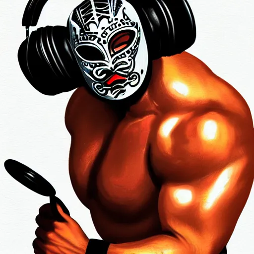 Prompt: portrait of lucha libre dj, muscular, headphones, thick golden ring around the neck, fantasy, intricate, elegant, highly detailed, digital painting, artstation, concept art, smooth, sharp focus, illustration, art by tom of finland
