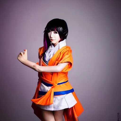 Image similar to Japanese j-pop idol dressed as kawaii female goku, cosplay, studio lighting, 4k, extremely beautiful symmetric face, aesthetic!!!