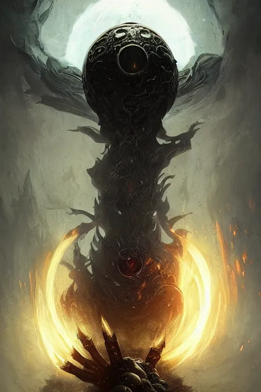 Prompt: Black Orb of Fire, digital art, fantasy, magic, trending on artstation, illustration by Seb McKinnon and Peter Mohrbacher, ultra detailed, atmospheric, powerful presence, bossfight, darksouls, grand finale, explosive entrance