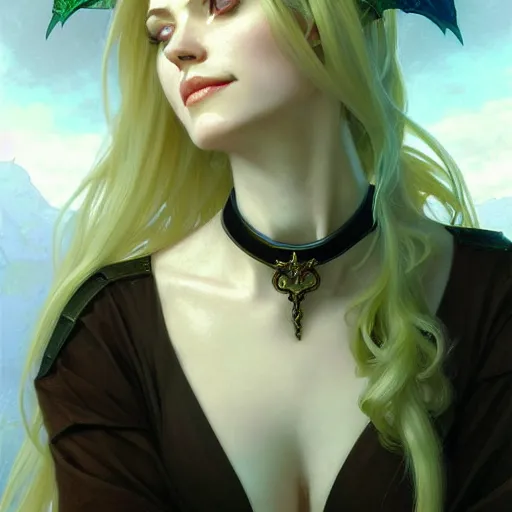 Image similar to Portrait of seductive female priest, D&D, green eyes, choker on neck, long blonde hair, slight nerdy smile, fantasy, intricate, elegant, highly detailed, digital painting, artstation, concept art, smooth, sharp focus, illustration, art by artgerm and greg rutkowski and alphonse mucha