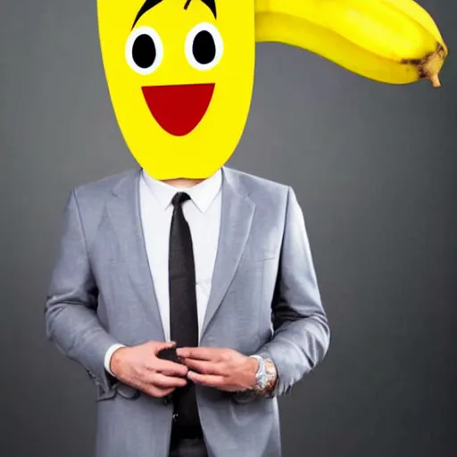 Image similar to a person with a banana head wearing a business suit