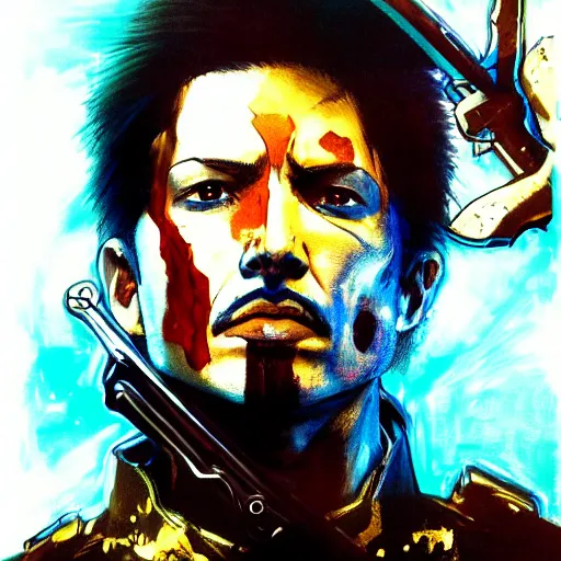 Image similar to portrait of a futuristic cowboy holding his sword in front of his face by yoji shinkawa, high quality, extra details, realism, ornate, colored, golden chain, blood, white skin, short hair, brown eyes, vivid, sunlight, dynamic, american man, freedom, white american soldier, painting