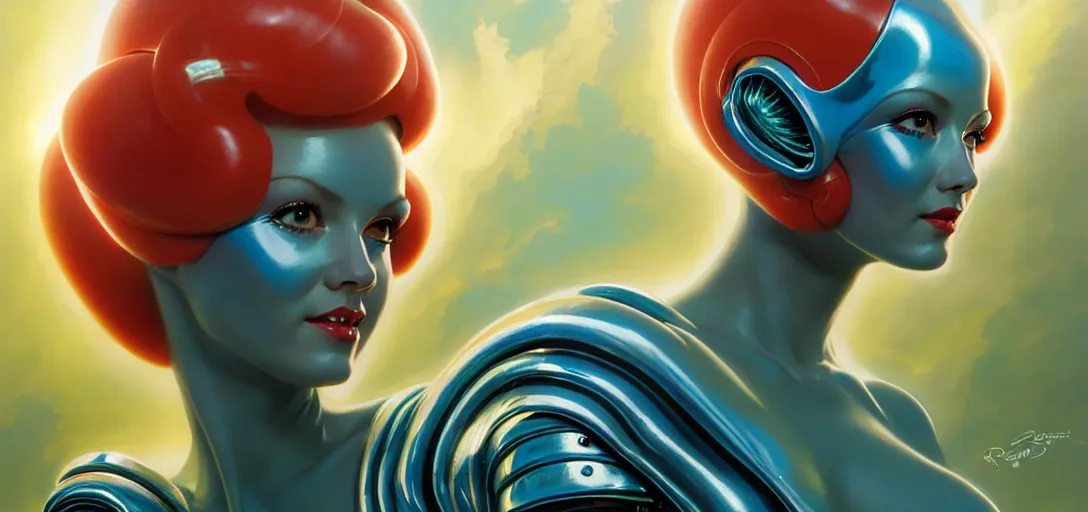 Prompt: portrait of a cute alien woman wearing shiny plastic armor in the style of roger dean and alberto vargas and stefan kostic, realistic, photoreal, sharp focus, 8 k high definition, insanely detailed, intricate, elegant, art by greg rutkowski and artgerm, extreme blur coral reef background