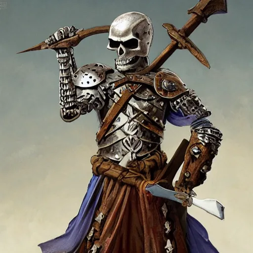 Prompt: medieval warrior skeleton with an ax in his hand and a round shield, D&D character, highly detailed, digital fantasy character, painted portrait, artstation, concept art, hard focus, illustration, art by artgerm and greg rutkowski and Alphonse Mucha and Craig Mullins, James Jean, Andrey Ryabovichev, Mark Simonetti and Peter Morbacher