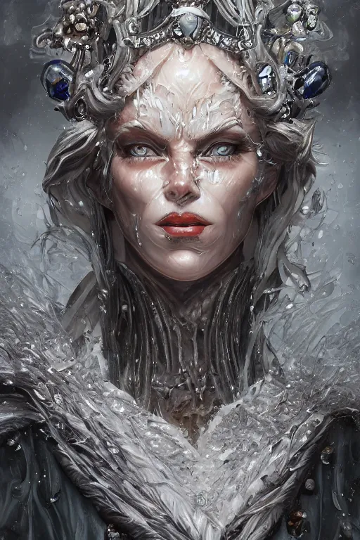 Prompt: Fantasy character portrait of distorted detailed painting of a queen woman made of ice, hyper detailed, trending on Artstation