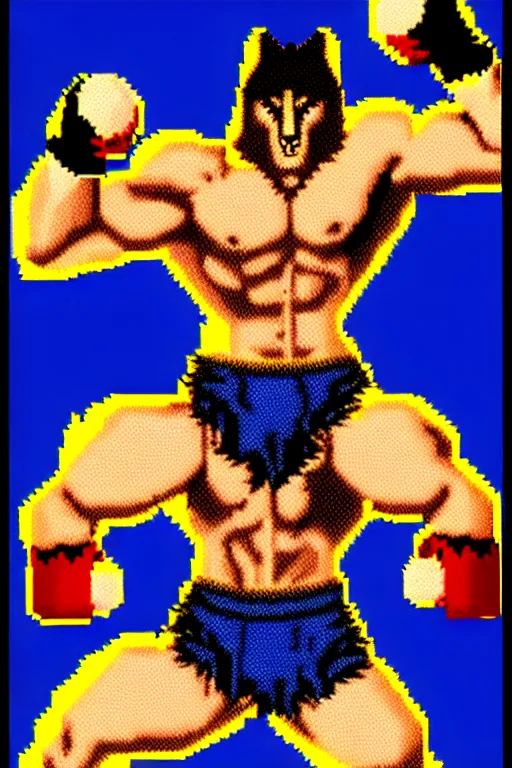 Image similar to extreme long shot. 8 bit nes graphics. hermann nitschantropomorphic muscular masculine wolf. kickboxer fighter, in shorts. wolf head. art from nes game cartridge,