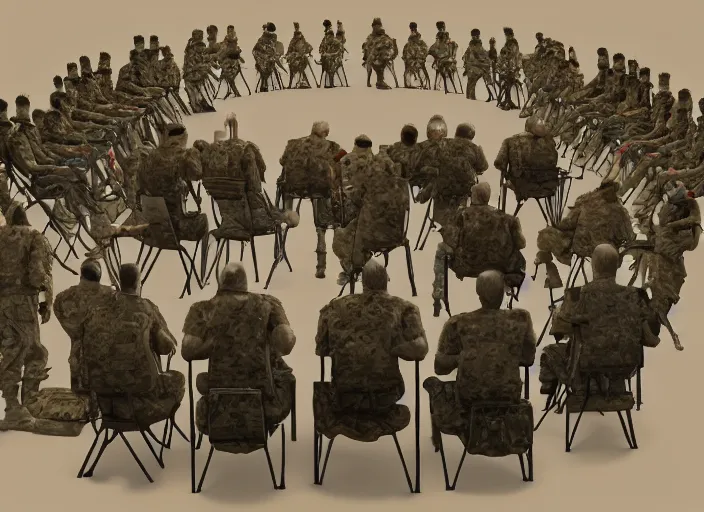 Image similar to soldiers and weirdos sitting in a circle on folding chairs, realistic, detailed, trending on artstation