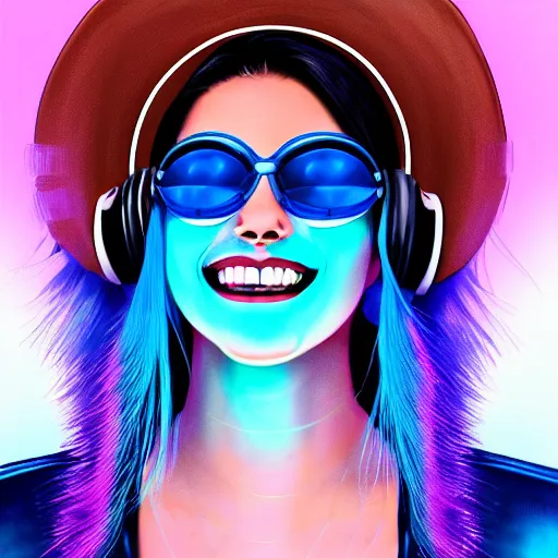 Image similar to closeup painting of a very beautiful young mexican cyberpunk woman with a smile, light blue neon shutter shades!! on her face, and a purple coloured leather jacket, one side haircut, long brown hair with light blue ends, portrait, sci - fi, hyperdetailed, cgsociety, synthwave by tangerine dream, by jean - michel jarre, by vangelis, by john carpenter