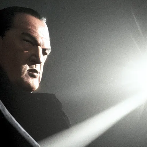 Image similar to from the movie a still of steven seagal as a fat batman, cinematic, studio lighting. god rays through fog. 4 k