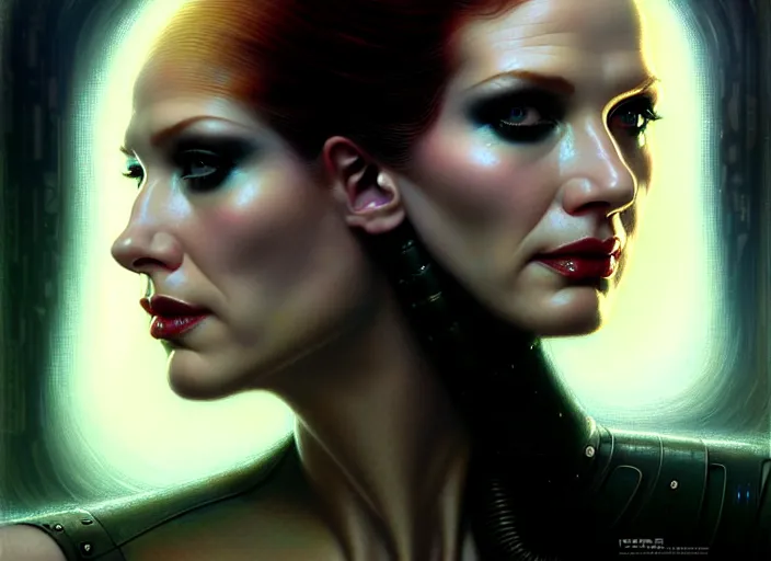 Image similar to portrait shot of christina hendricks in bladerunner wearing a cyberpunk costume, frontal view, intricate, elegant, highly detailed, centered, digital painting, artstation, concept art, smooth, sharp focus, illustration, artgerm, tomasz alen kopera, peter mohrbacher, donato giancola, joseph christian leyendecker, wlop, boris vallejo