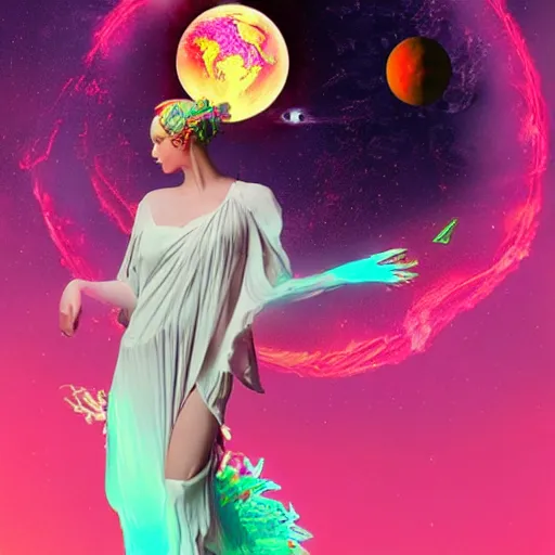 Image similar to a goddess wearing a flamingo fashion, sci - fi aesthetics, on fire, photoshop, colossal, creative and cool, giant, digital art, photo manipulation, planets, with earth, outer space, smoke