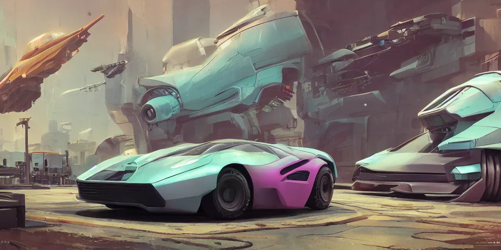 Prompt: Hard Surface Shape Form Exploration, Detailed, 8k, sci-fi, pastel colors, props, panel, concept, simon stalenhag ,syd mead, vehicle, speeder, parts,modular, insane detail, ash thorp, kyza, car, msucle cars , cyberpunk, collection