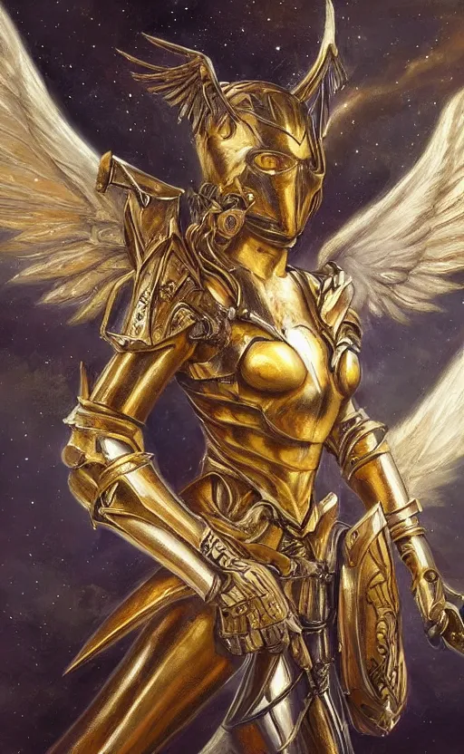 Image similar to fantasy angel warrior in armor with bright gold wings, epic flying pose, full length portrait, art, paint, fine details, h. r. giger, scott m fischer, alexandros pyromallis, laurie lipton