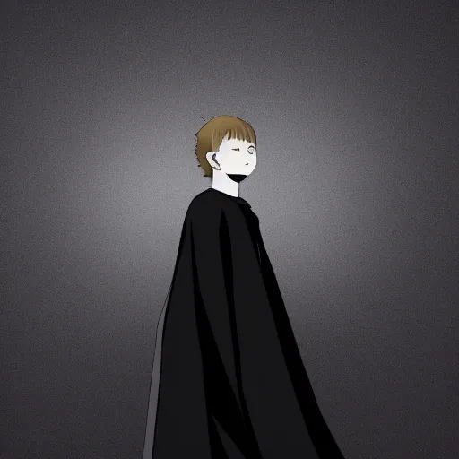 Image similar to mazoku, pale - skinned demon boy, yokai boy wearing vantablack cloak, vantablack cape, darkest black possible, zero depth black