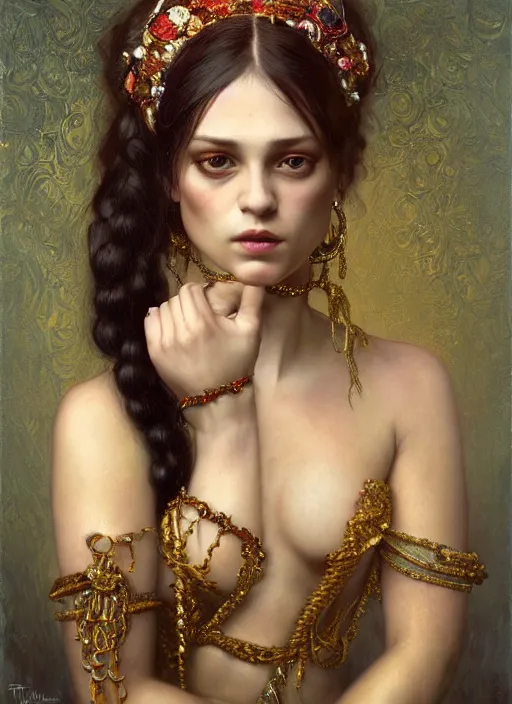 Image similar to highly detailed oil painting | very intricate | cinematic lighting | very detailed cute face | tribalfusion bellydancer fully dressed by alexander mcqueen | by roberto ferri, by tom bagshaw, by singer sargent and klimt, american romanticism, occult art | by austin osman spare, artstation, cgsociety, official art, octane