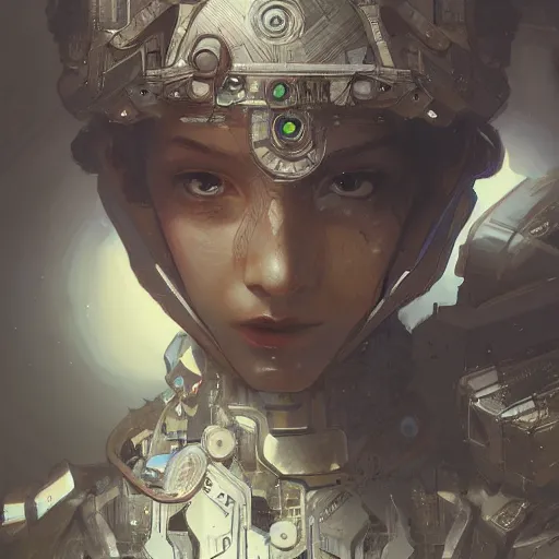 Prompt: A robot close up portrait, D&D, fantasy, intricate, cinematic lighting, highly detailed, digital painting, artstation, concept art, smooth, sharp focus, illustration, art by Akihiko Yoshida, Greg Rutkowski and Alphonse Mucha