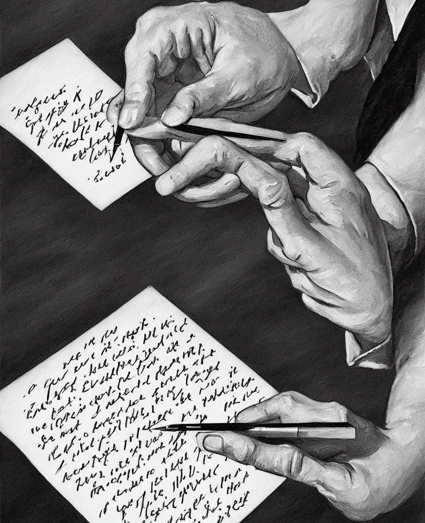 Image similar to a beautiful painting of a hand writing a letter with wwii in background, black and white, painted by escher