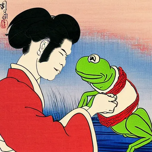 Image similar to A beautiful ukiyo-e painting of Bob Ross blessing Kermit the frog