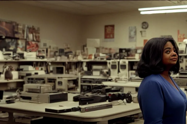 Image similar to cinematic screenshot of octavia spencer in a used electronics store standing in front of an old keyboard, iconic scene from the paranoid sci fi thriller film directed by pt anderson, apartment set in the near future, cinematic shot with anamorphic lenses, color theory, apartment design, leading lines, photorealistic, volumetric lighting, 2 0 2 2 4 k film