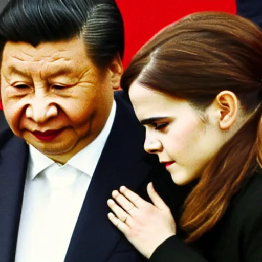 Image similar to angry emma watson putting xi jinping in a headlock as security agents close in, ap news
