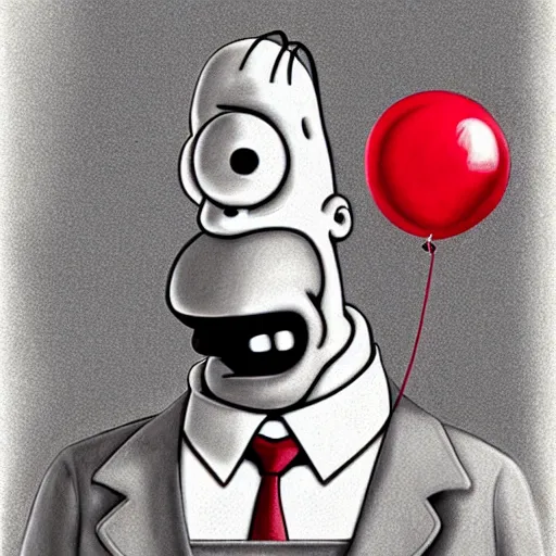 Prompt: surrealism grunge cartoon portrait sketch of homer simpson with a wide smile and a red balloon by - michael karcz, loony toons style, the conjuring style, horror theme, detailed, elegant, intricate