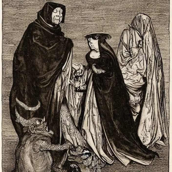 Image similar to a goblin monster and a woman in a black cloak, by Hans Holbein the Younger